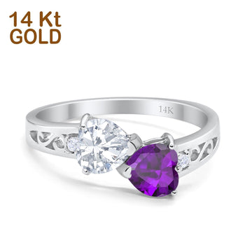14K White Gold Double Heart Ring Bridal Wedding Engagement Ring Simulated CZ Size-7